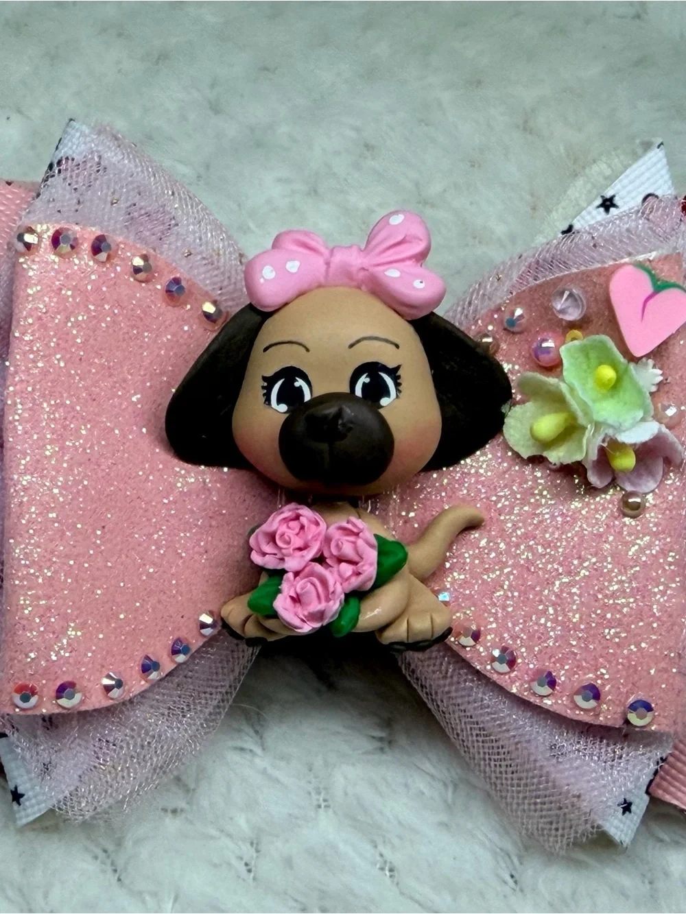Pink Glitter Dog Bow with Flower Bouquet Center